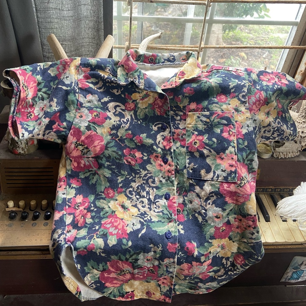 Vintage Floral Button Down/Up Thick Canvas Shoulder Pads Short Sleeve Unisex